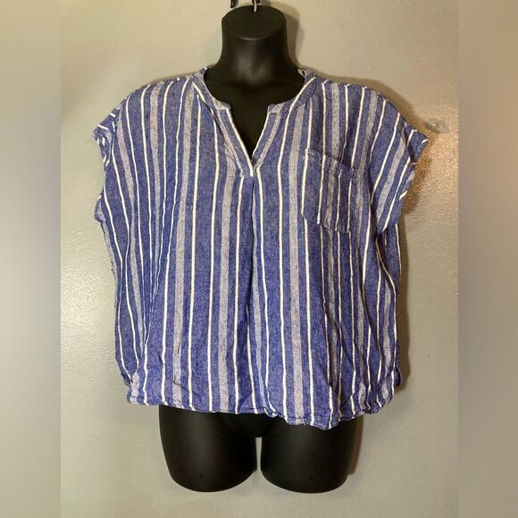 Tops - Coastal Comfort Striped Denim Blue and White Blouse
